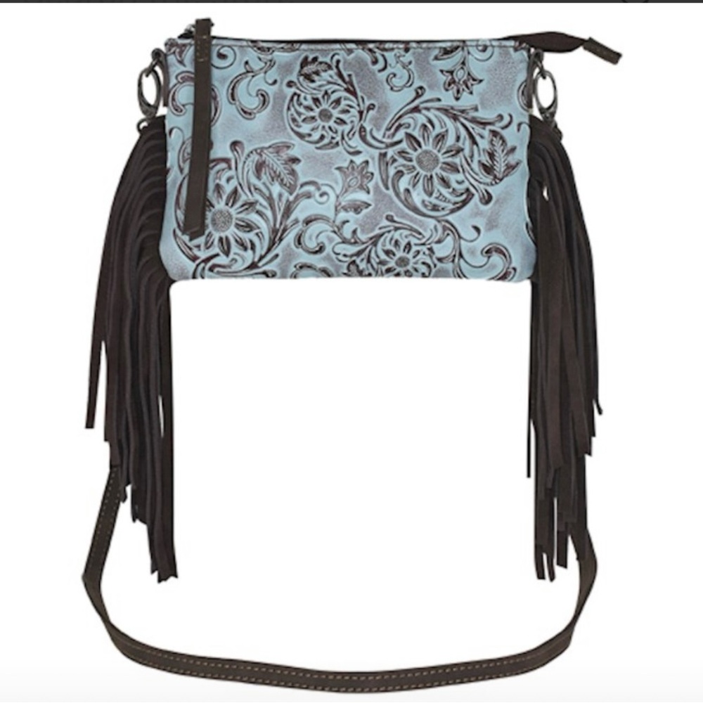 Justin Tooled Turquoise wash Floral Fringe Crossbody Bag - Blue and Brown